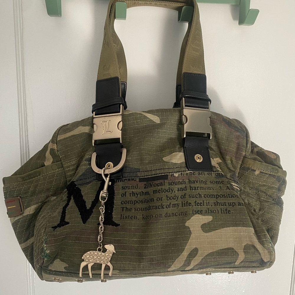 L.A.M.B. For LeSportSac Camouflage Green and Black Canvas Tote with Charm